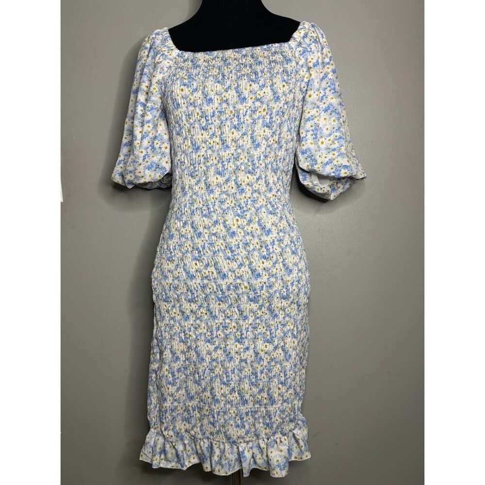 Floral Dress Women's Small Blue Yellow Daisy Floral Smocked Puff Sleeve Pullover